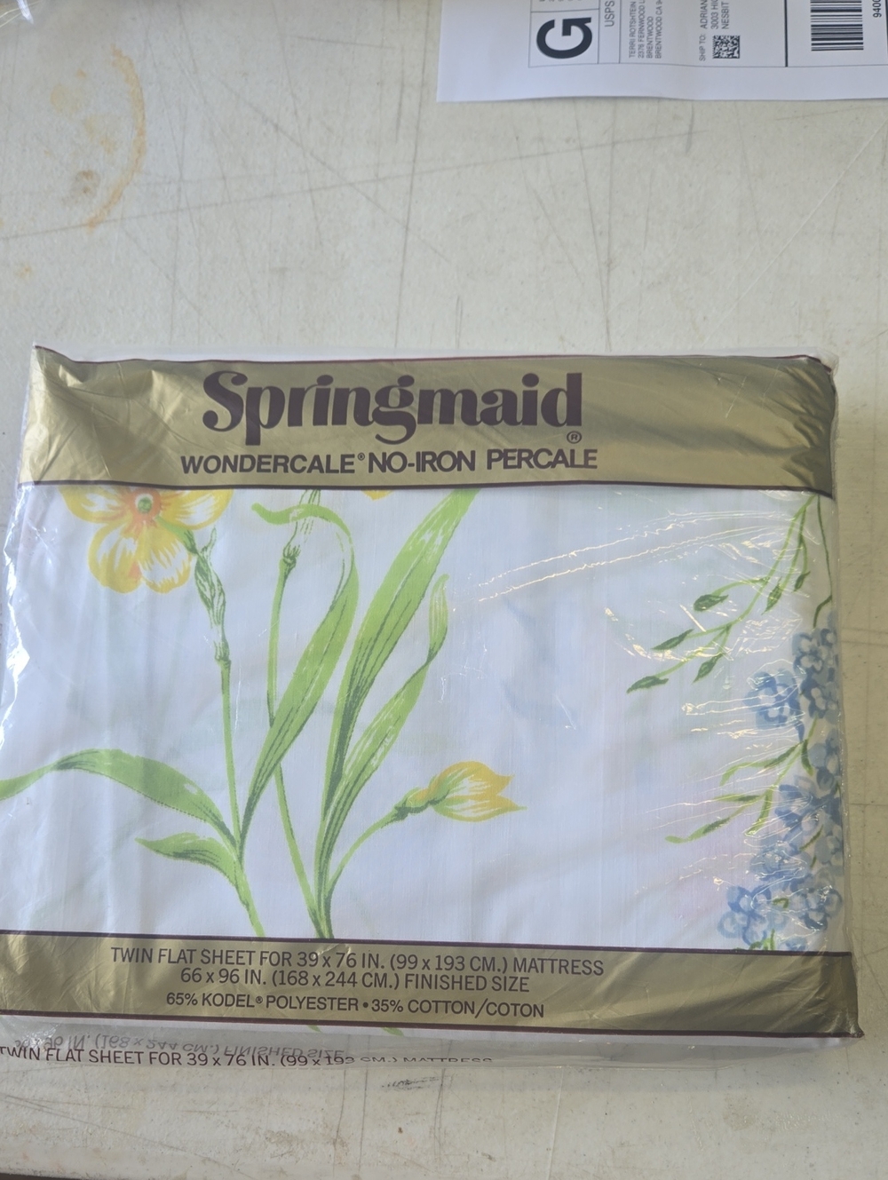 Springmaid Twin Flat Sheet in White with Green & Yellow Floral Print